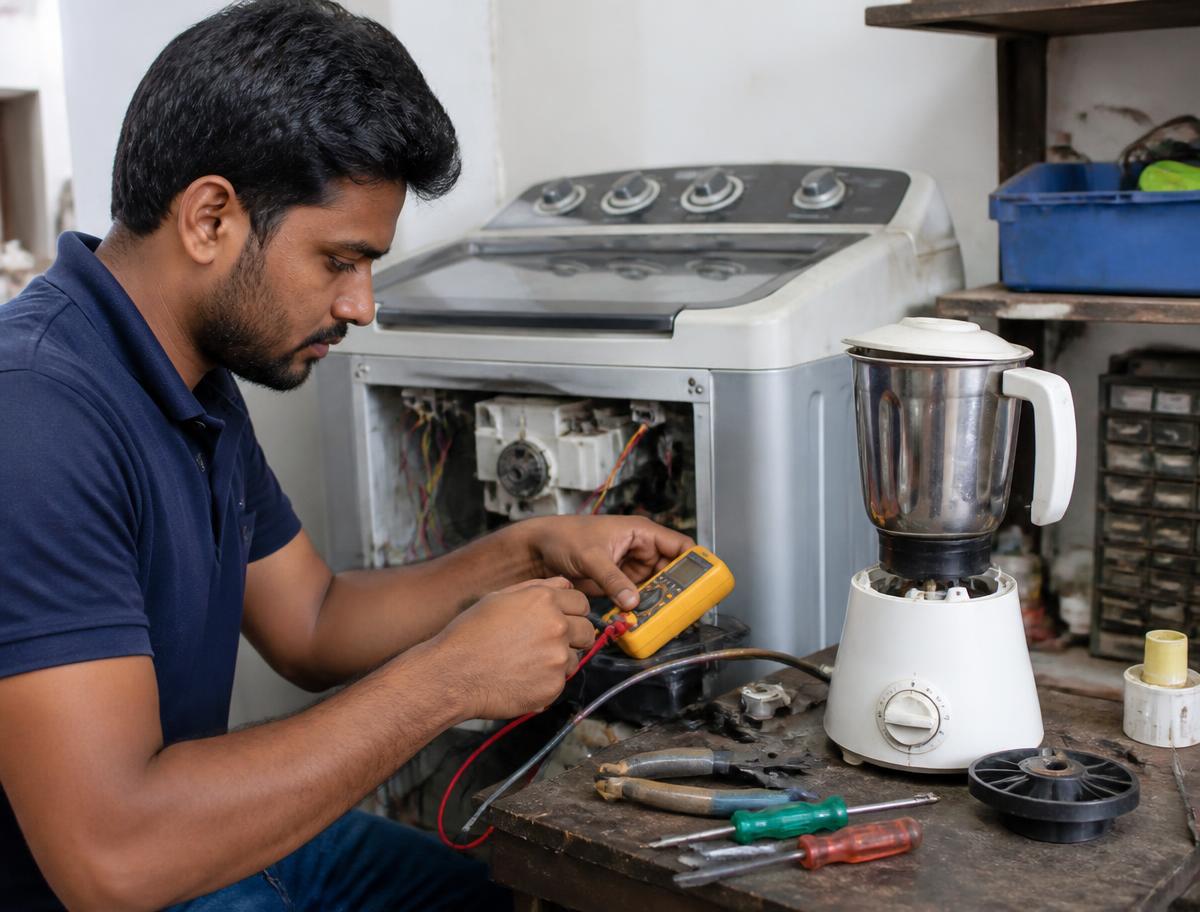 Technicien mesurant un composant d'appareil électroménager