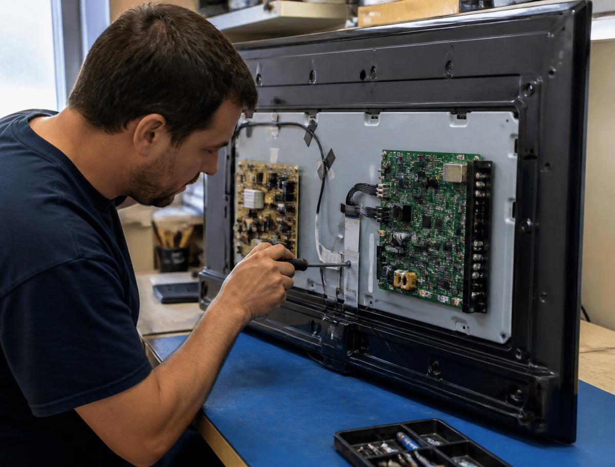Technicien intervenant sur les cartes internes d'un téléviseur