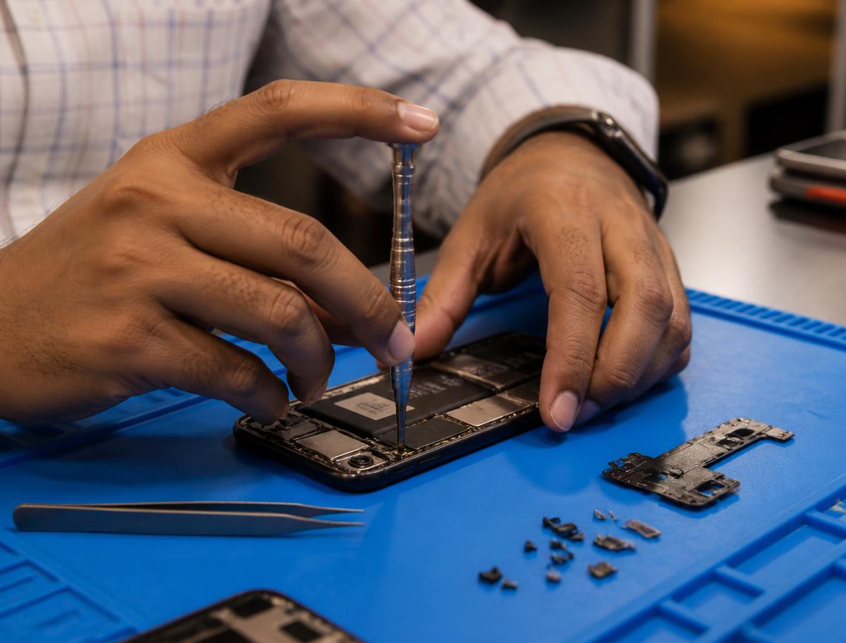 Technicien ouvrant un smartphone sur un tapis antistatique