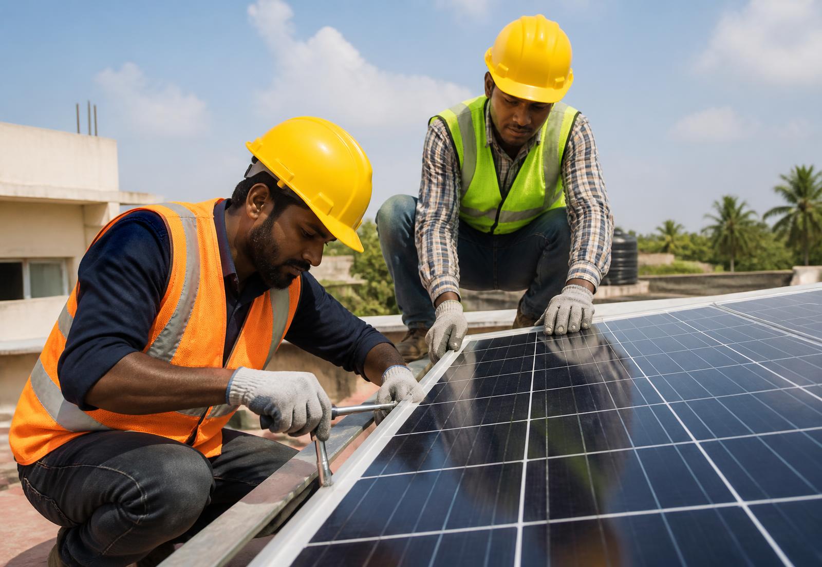 Techniciens fixant un panneau solaire sur une toiture